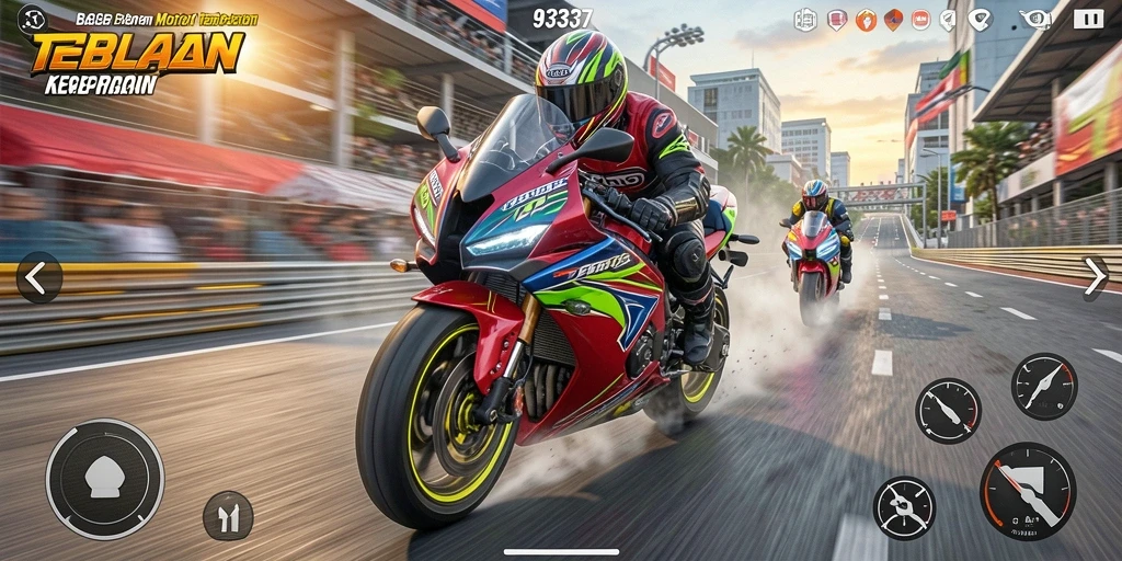 Tampilan seru gameplay balapan motor di 93337.