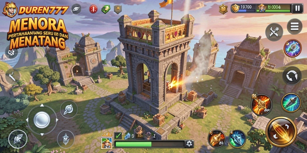 Tangkapan layar dari gameplay DUREN777 yang menampilkan aksi menara pertahanan.