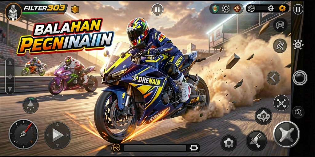 Screenshot FILTER303 menampilkan aksi balapan motor yang mendebarkan.