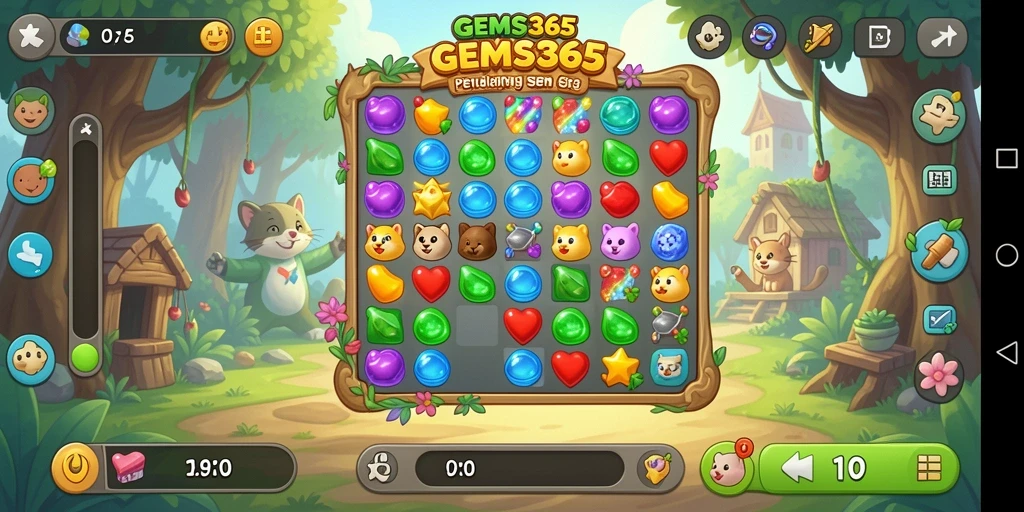 Tampilan gameplay seru GEMS365 dengan permata berwarna-warni.