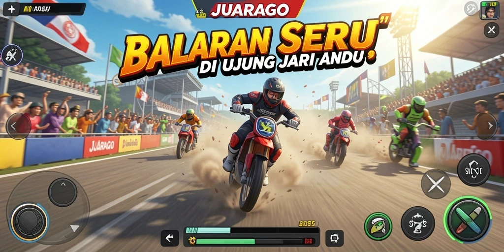 Tampilan gameplay JUARAGO dengan balapan seru di trek yang menantang.