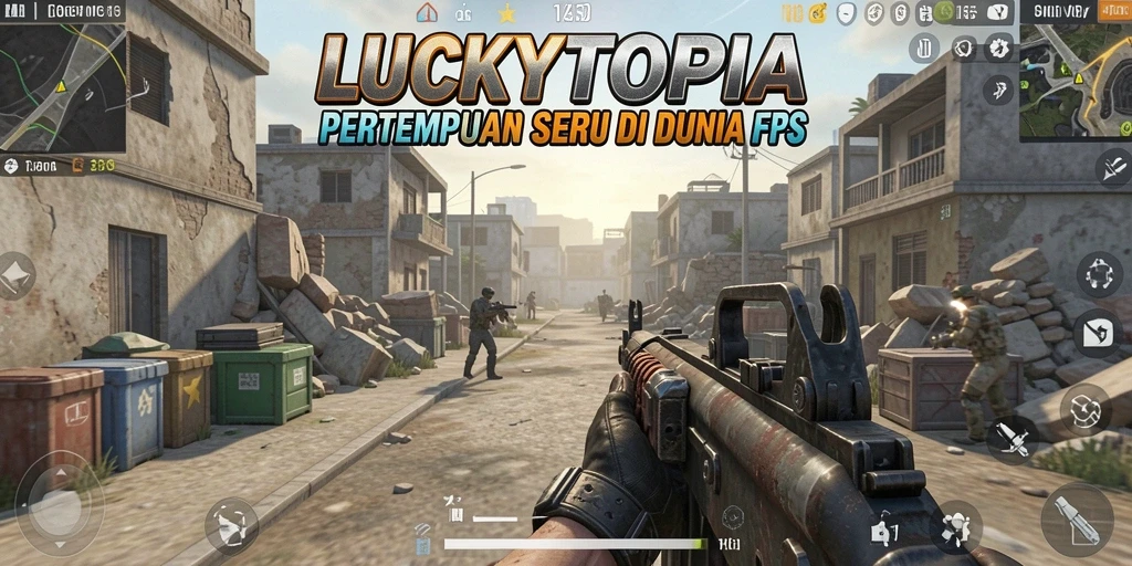 Screenshot utama menunjukkan pertempuran intens dalam LUCKYTOPIA.