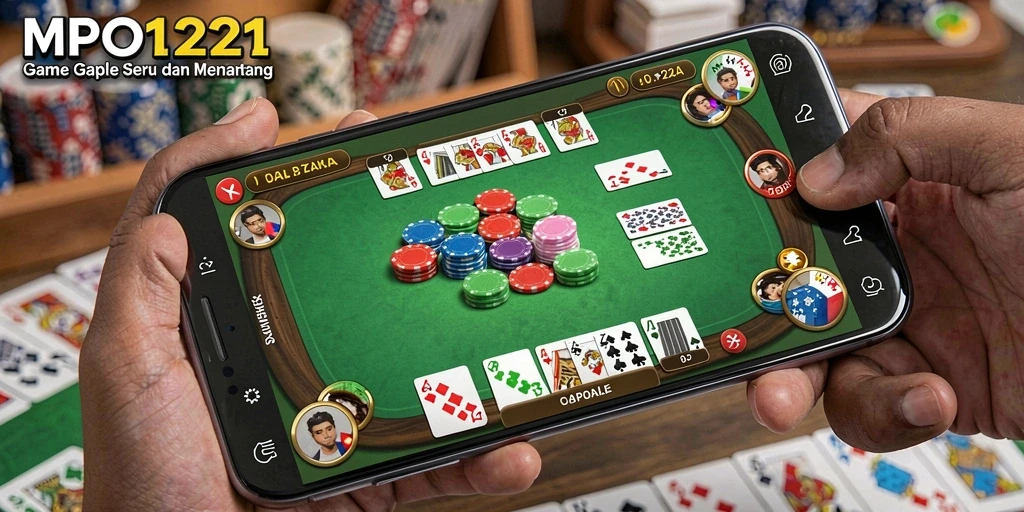 Tampilan gameplay seru dari MPO1221 yang menampilkan kartu Gaple.