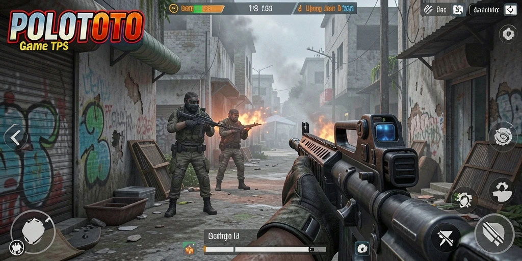 Tampilan gameplay seru di POLOTOTO saat pertarungan TPS berlangsung.