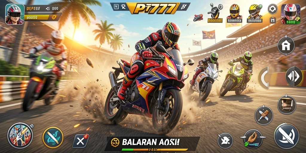 Gameplay PT777 menunjukkan aksi balapan motor yang seru.