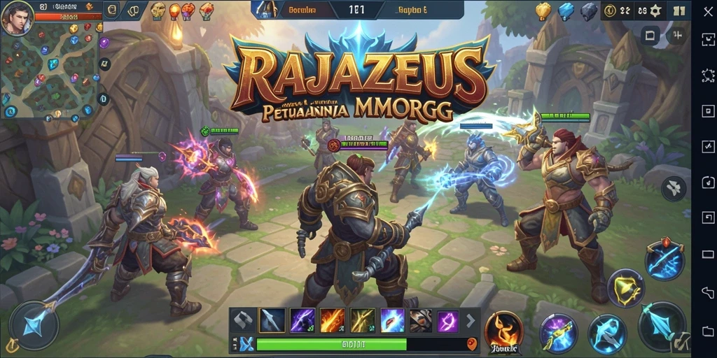 Tangkapan layar permainan RAJAZEUS yang menampilkan aksi MMORPG yang mendebarkan.