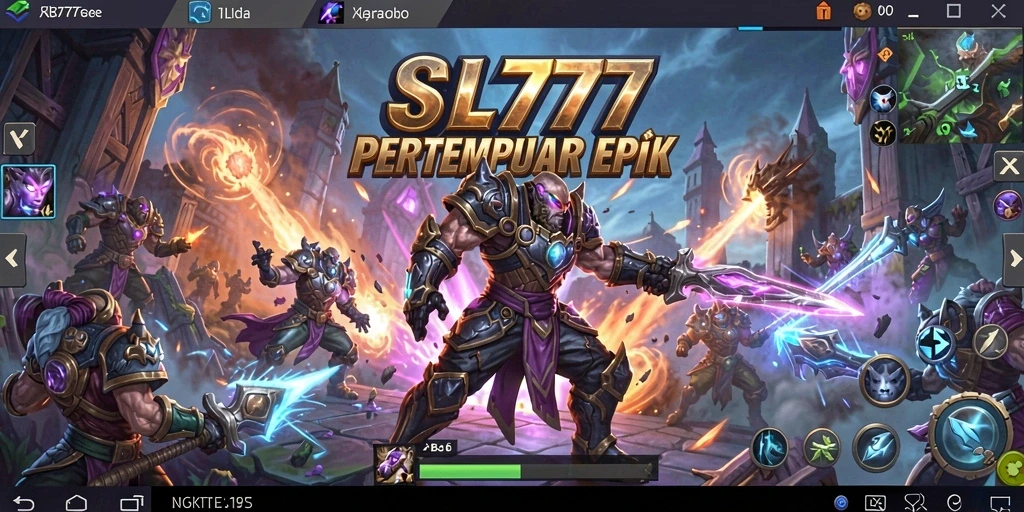 Screenshot utama SL777 menampilkan aksi pertempuran epik di arena MOBA.