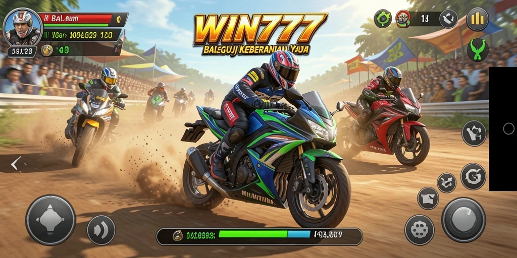 Screenshot WIN777 menunjukkan aksi balapan motor yang menegangkan.